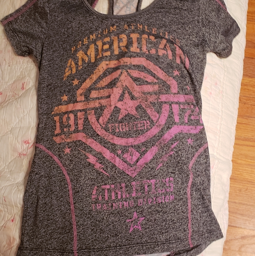 American fighter tee with cut outs in the back